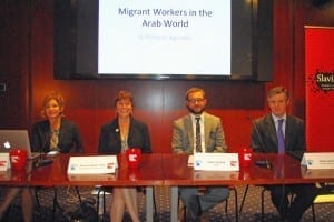 HRW's Sarah Leah Whitson, Solidarity Center Executive Director Shawna Bader-Blau, James Suzano of ADHRB and James Lynch at Amnesty International spoke at a Capitol Hill Briefing on migrant workers. Credit: Kate Conradt/Solidarity Center