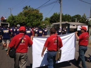 Union members from Peru's mine, metal, steel and energy sectors joined the Los Mineros commemoration. Credit: Lorraine Clewer