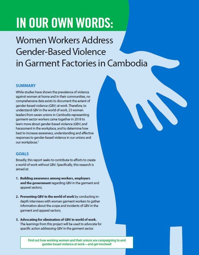 Cambodia, gender-based violence at work, Solidarity center, unions, garment factories