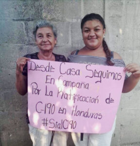 In Honduras, union activists are posting photos of themselves on social media with signs urging passage of C190. Credit: Promotoras Legales