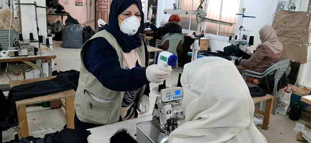 Palestine.corona campaign textile union jenin.PGFTU (1) Palestine, textile workers tested for fever for COVID, unions, Solidarity Center