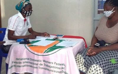 A peer interviewer collects responses for Mozambique’s Sindicato Nacional dos Empregados Domésticos (SINED) for IDWF’s 2020-2021 Africa survey. Credit: IDWF