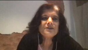 A screen snip of former South African Labor Court judge and former United Nations Special Rapporteur on Contemporary Forms of Slavery and panelist Urmilla Bhoola presenting at a Solidarity Center webinar on February 1, 2022, that focused on a domestic worker survey co-published by IZWI and the Solidarity Center.