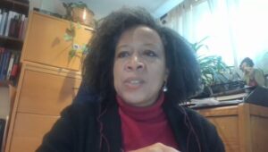 A screen snip of McGill University Faculty of Law Professor of Transnational Labor and Development Adelle Blackett presenting at a webinar on February 1, 2022 that focused on a South Africa domestic worker report co-published by IZWI and the Solidarity Center.
