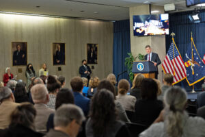 US Secretary of Labor Marty Walsh attends the global launch of the Multilateral Partnership for Organizing, Worker Empowerment, and Rights (M-POWER) at the US Department of Labor.