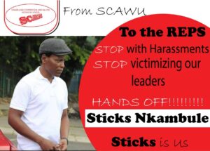Graphi of exiled SWATCAWU leader Sticks Nkambule who is receiving support from SCAWU and other unions in Eswatini.