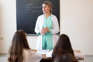 Teacher Brunilda Domi in her classroom with students who attend Azem Hajdar secondary school, Kamza Municipality, Albania. Credit: Solidarity Center / Florian Goga