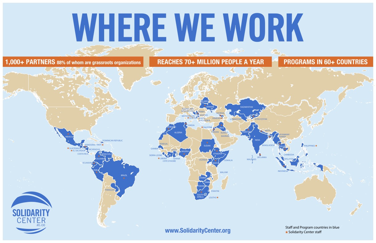 2302-mapwork2023 A map of the global areas that Solidarity Center works in